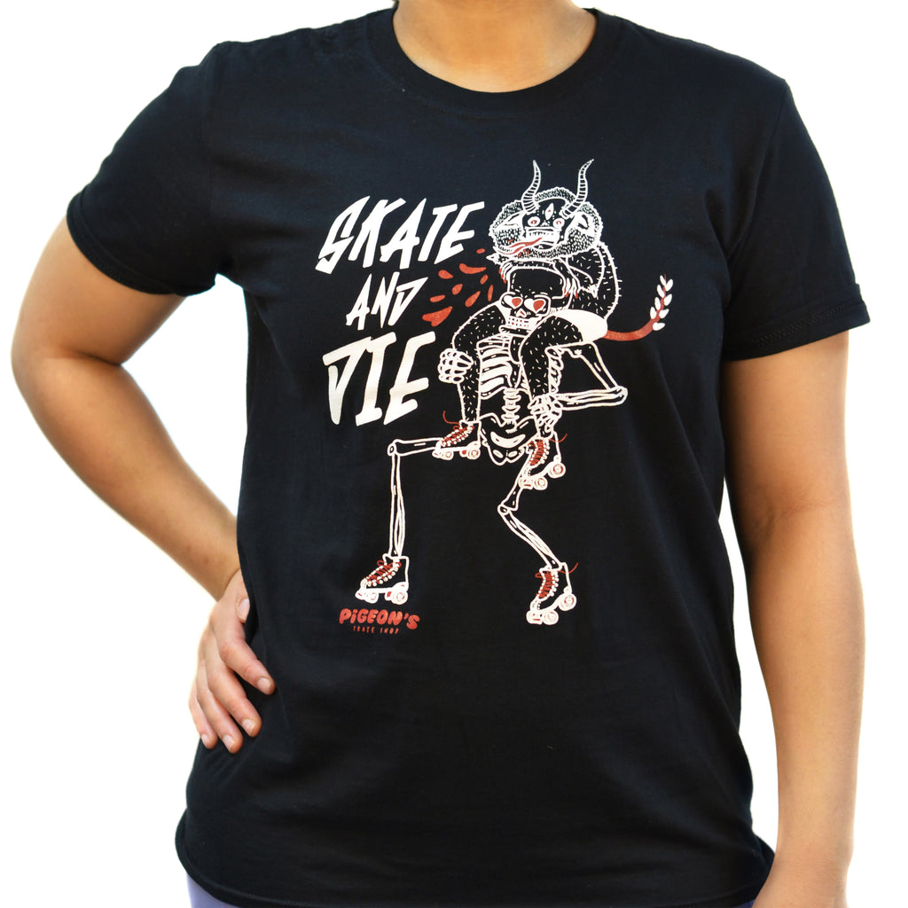 Skate And Die Shop Shirt - DEMON BLACK - Pigeon's Roller Skate Shop