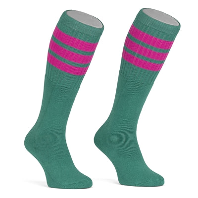 Skater Socks Knee Length - TEAL W/ HOT PINK STRIPES - Pigeon's Roller Skate Shop
