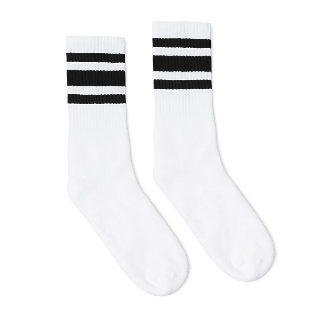 SOCCO Crew Length Socks - WHITE W/ BLACK STRIPES - Pigeon's Roller Skate Shop