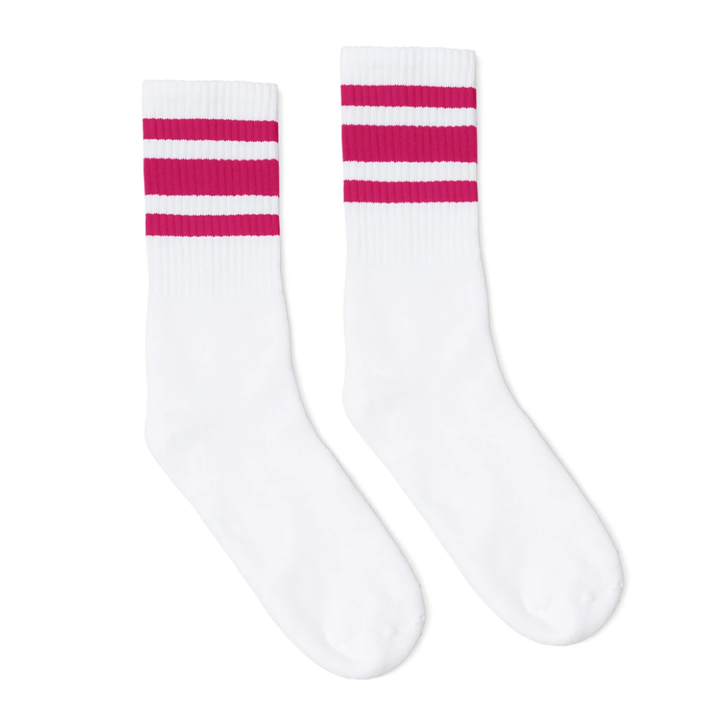 SOCCO Crew Length Socks - WHITE W/ FUCHSIA STRIPES - Pigeon's Roller Skate Shop