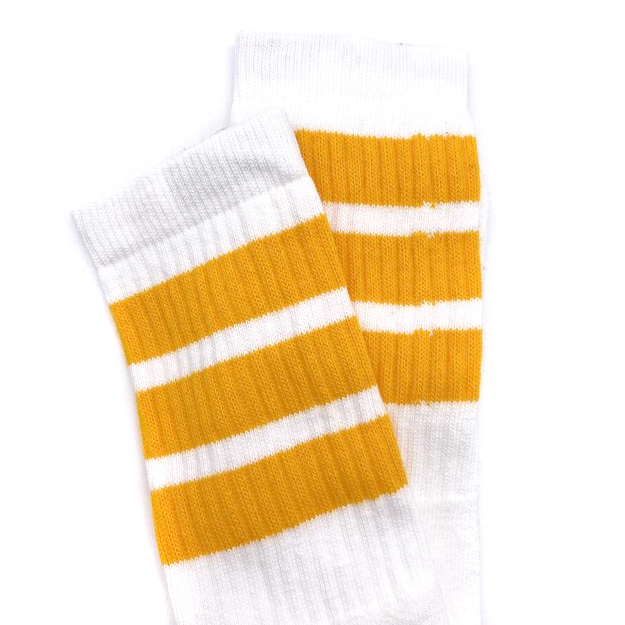 Crew Length Skatersocks - WHITE W/ GOLD STRIPES - Pigeon's Roller Skate Shop