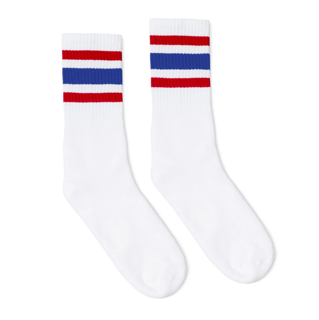 SOCCO Crew Length Socks - WHITE W/ RED AND ROYAL BLUE STRIPES - Pigeon's Roller Skate Shop